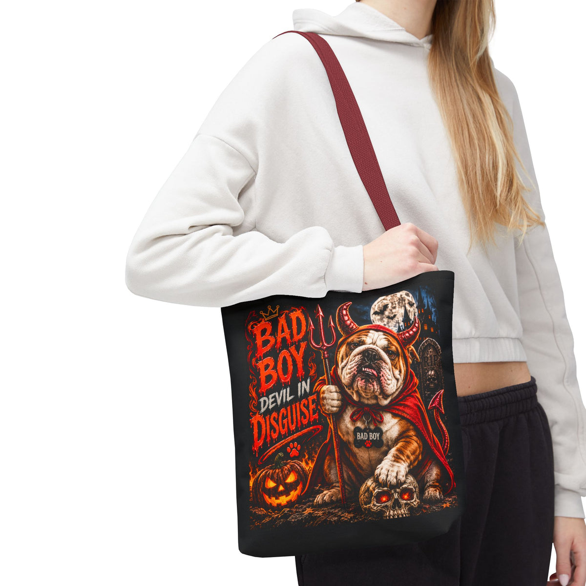 Halloween Bulldog Tote Bag – "Bad Boy Devil in Disguise" Gothic Pumpkin Skull Design