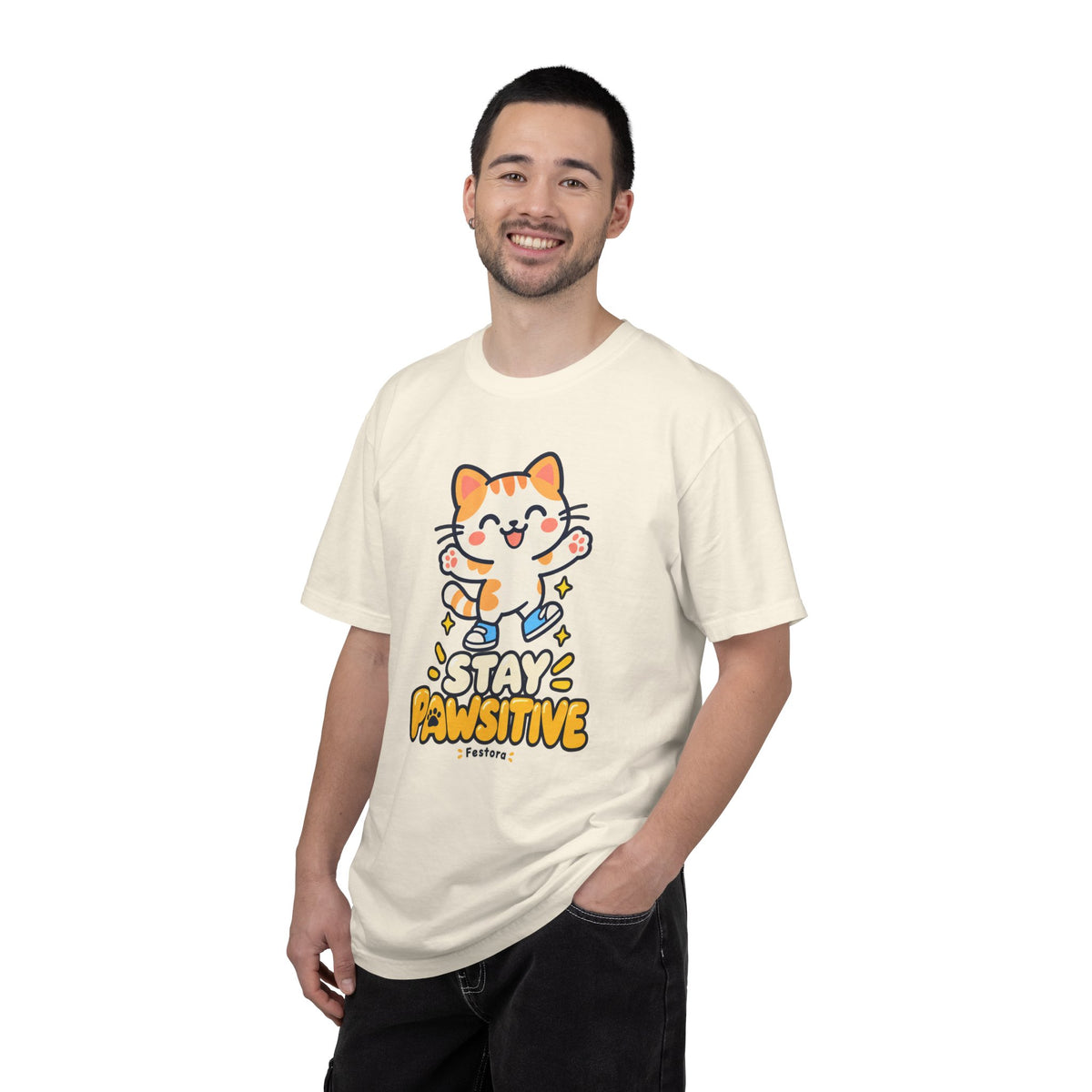 Stay Pawsitive – Cute Happy Cat Graphic T-Shirt