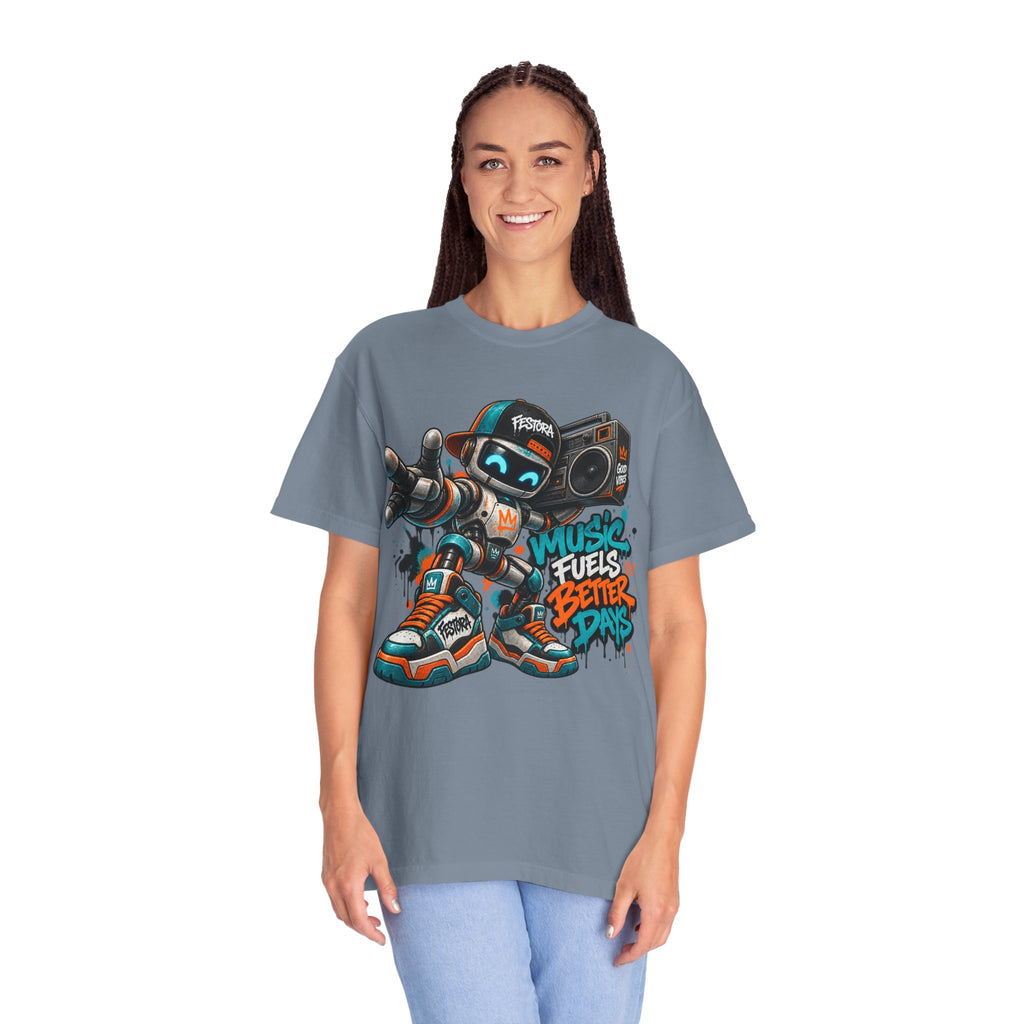 Music Fuels Better Days T-Shirt — Retro Robot Boombox Streetwear