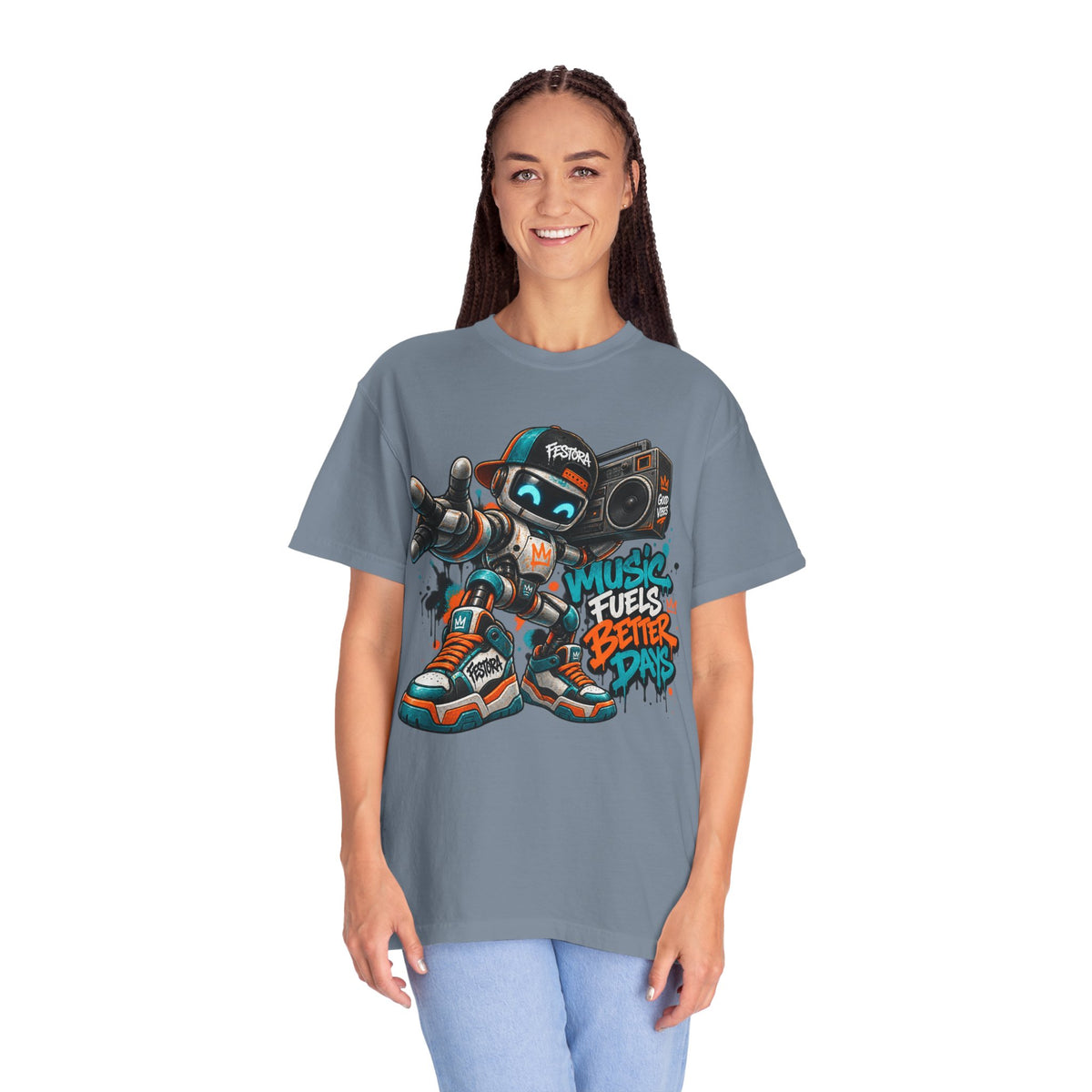 Music Fuels Better Days T-Shirt — Retro Robot Boombox Streetwear