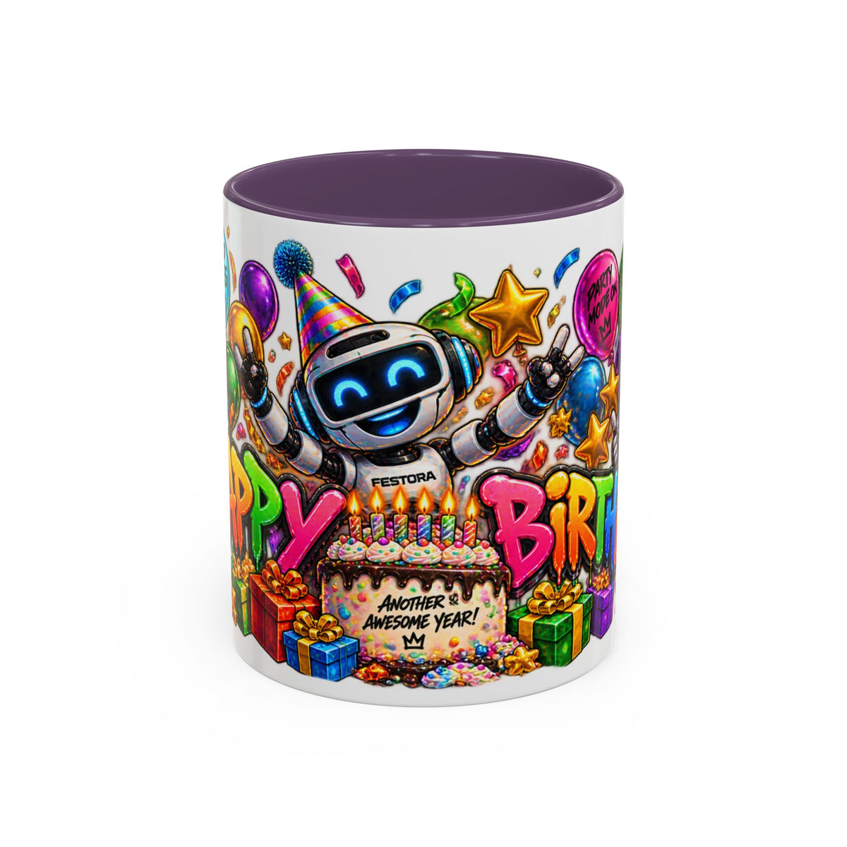 Birthday Robot Coffee Mug — Colorful Happy Birthday Accent Mug (11oz)