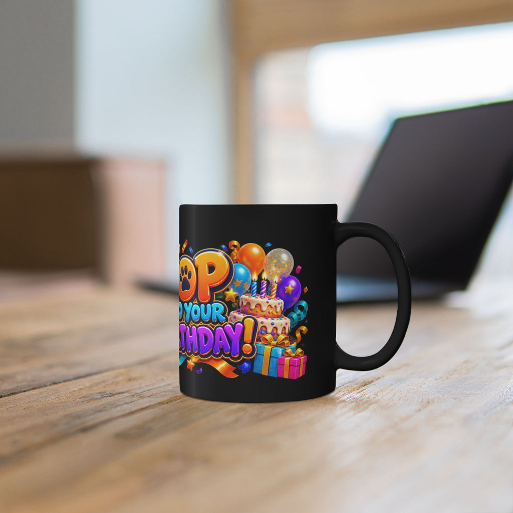 Hop Into Your Birthday Black Mug – Cute Kangaroo Birthday Cup, Colorful Party Gift