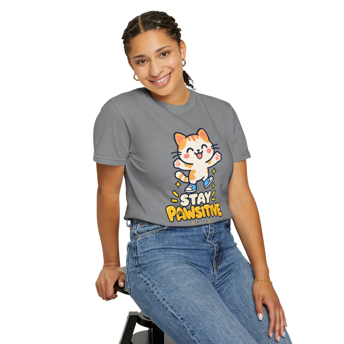 Stay Pawsitive – Cute Happy Cat Graphic T-Shirt
