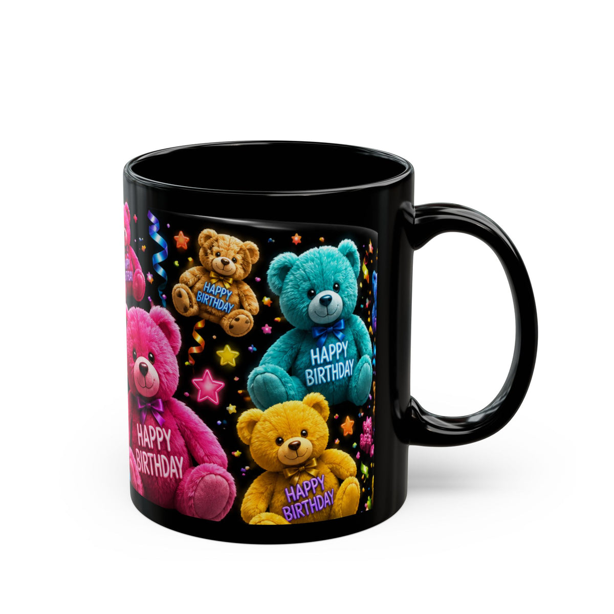 Happy Birthday Teddy Bear Mug — Colorful Black Birthday Coffee Cup (11oz/15oz)