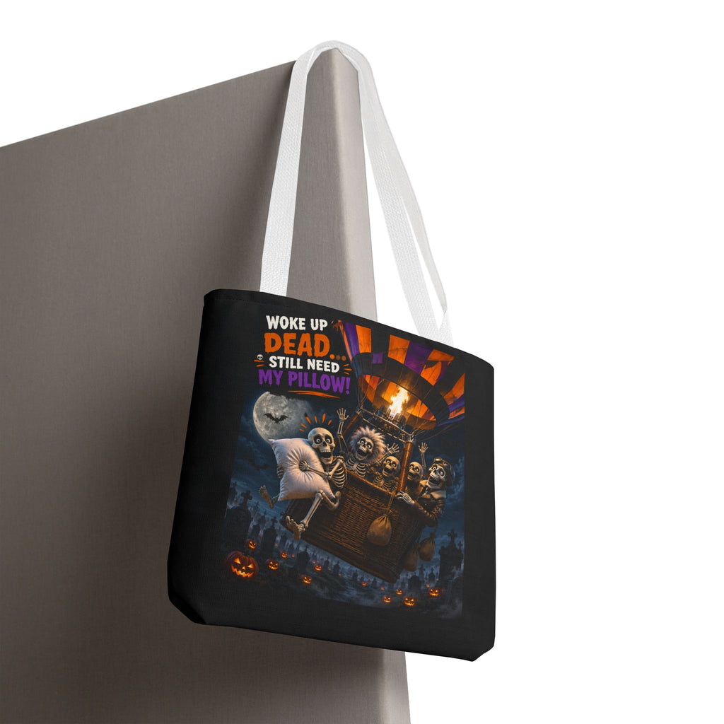 Halloween Ghost Tote — "Woke Up Dead... Still Need My Pillow" All-Over Print Tote