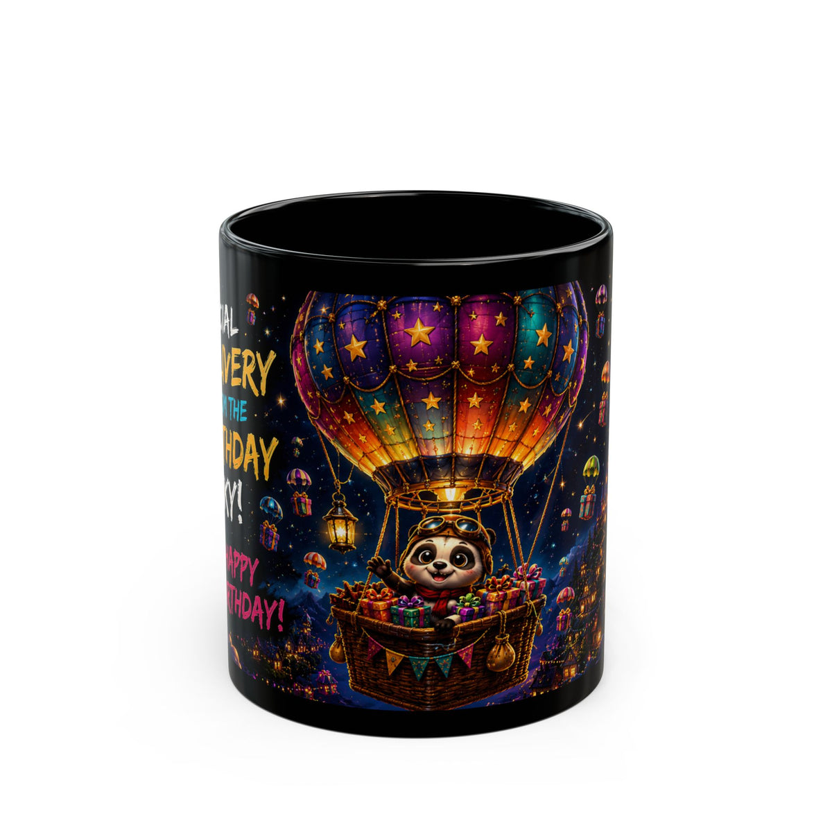 Birthday Hot Air Balloon Sloth Black Coffee Mug (11oz, 15oz)