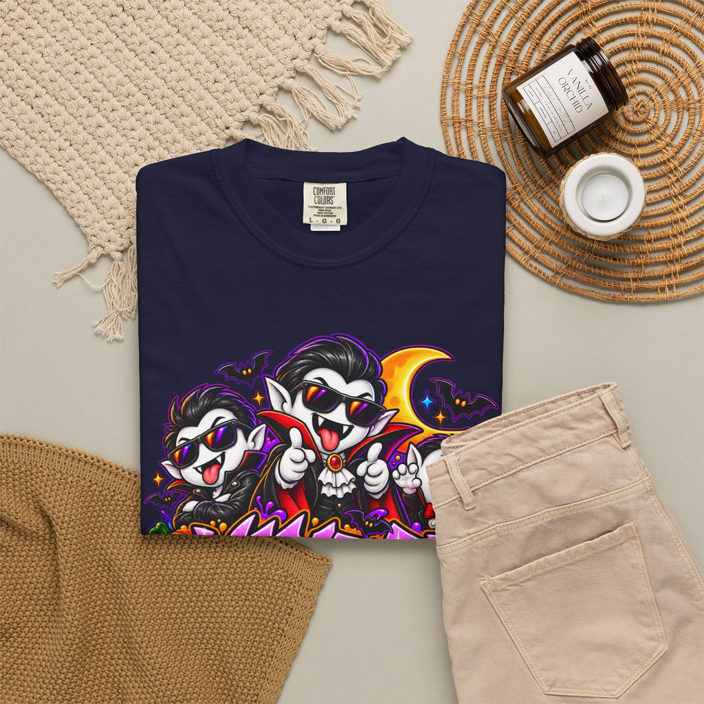 Neon Vampire Vibes Halloween Unisex Garment-Dyed T-Shirt Featuring a Cool Festora Vampire Crew