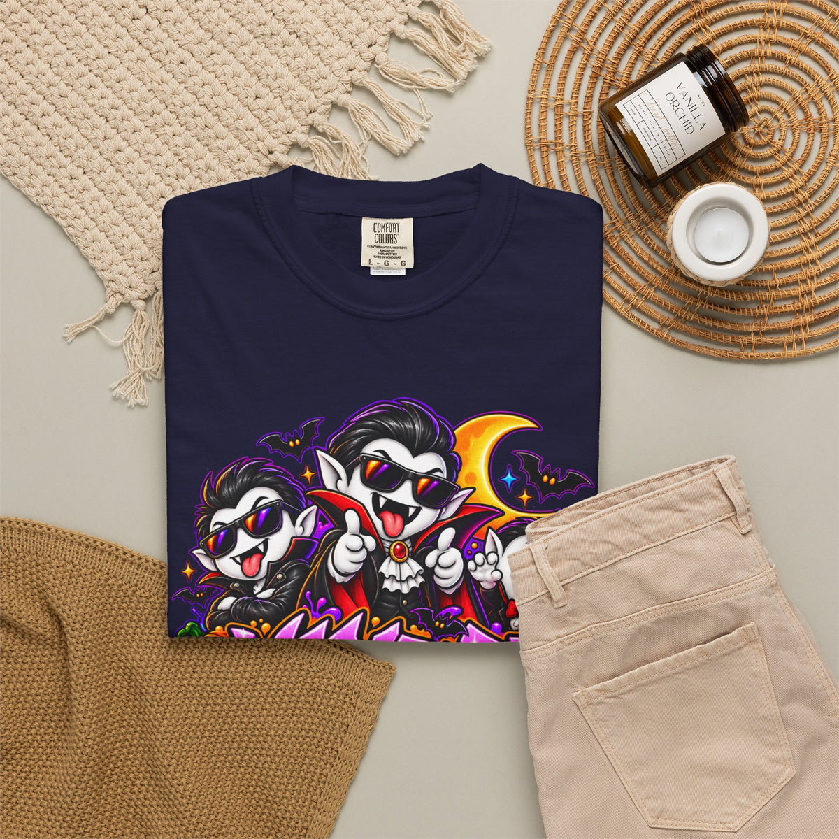 Neon Vampire Vibes Halloween Unisex Garment-Dyed T-Shirt Featuring a Cool Festora Vampire Crew