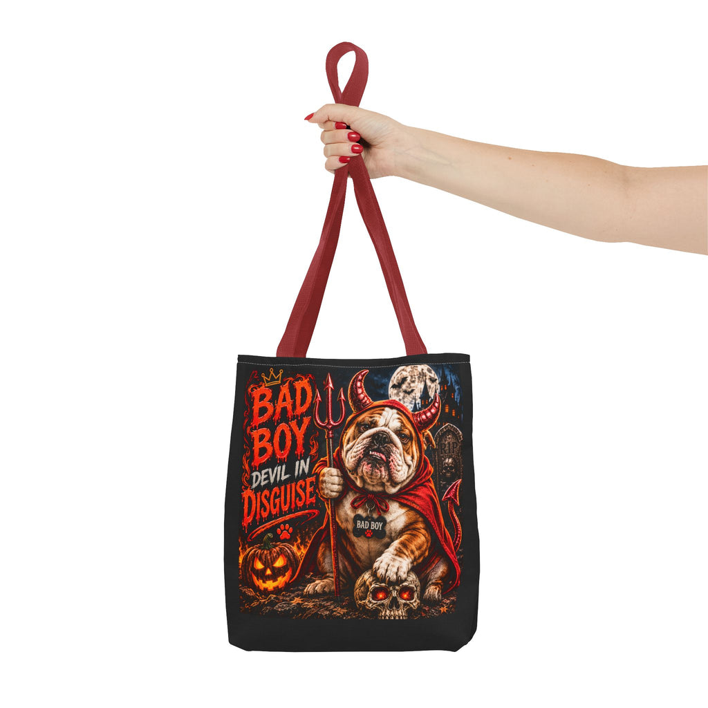 Halloween Bulldog Tote Bag – "Bad Boy Devil in Disguise" Gothic Pumpkin Skull Design