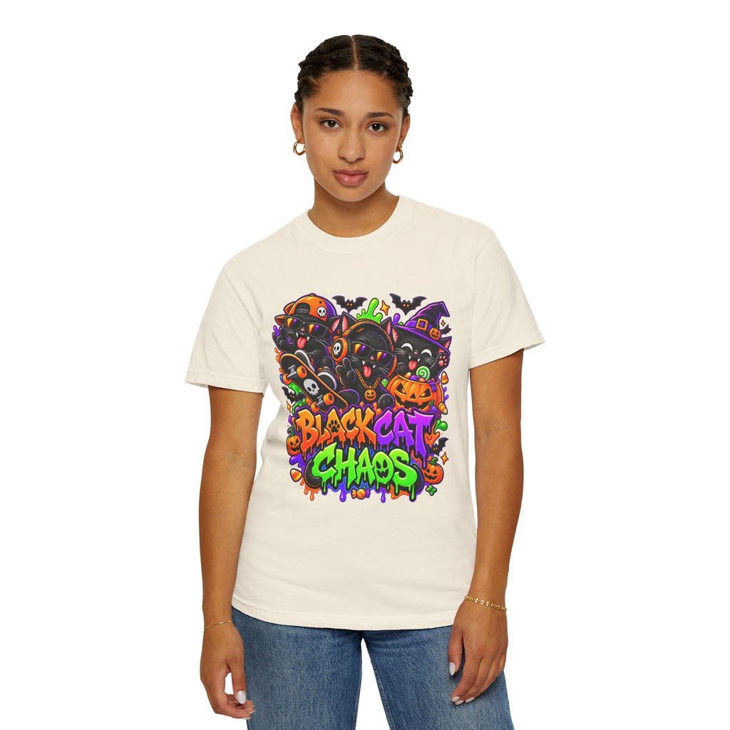 Neon Black Cat Halloween Chaos T-Shirt | Cute Spooky Cat Graphic Tee