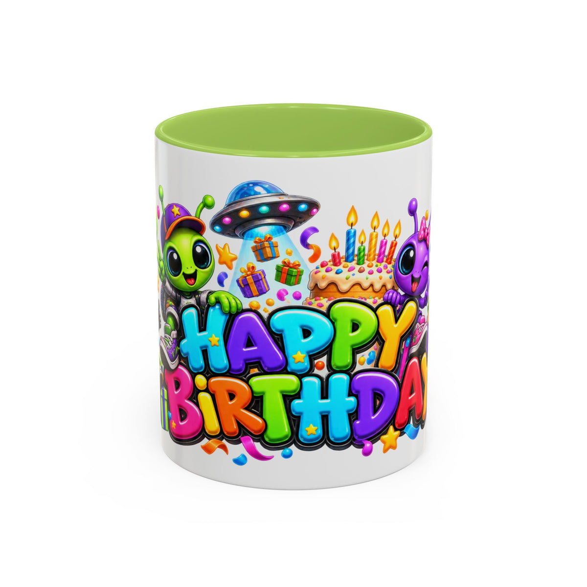 Happy Birthday Space Party Mug – Cute Aliens, Robots, UFO & Colorful 3D Birthday Design