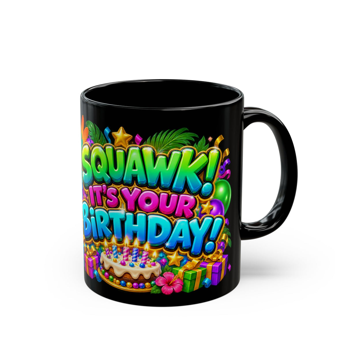 Squawk! It’s Your Birthday Black Mug – Colorful Parrot Birthday Cup, Fun Tropical Party Gift