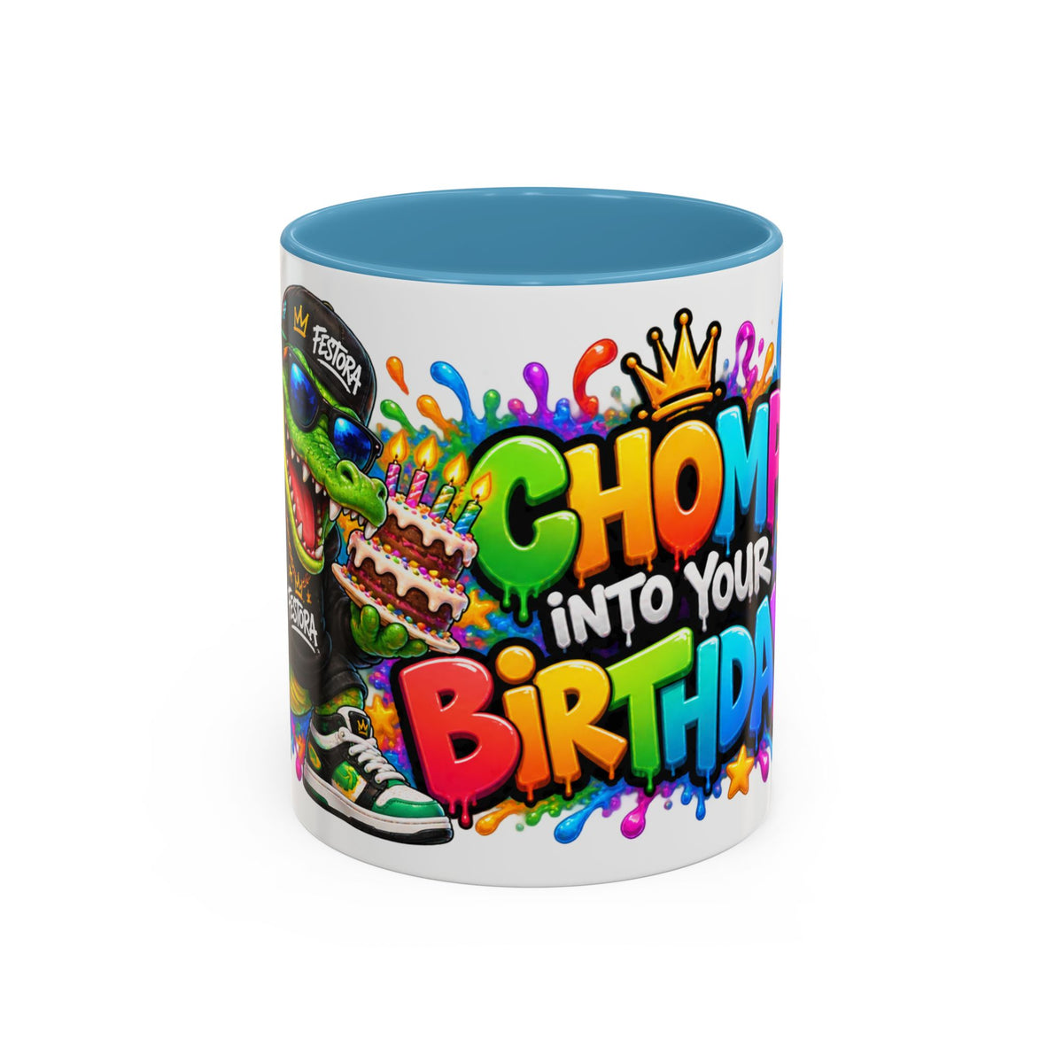 CHOMP INTO YOUR BIRTHDAY! White Ceramic Mug – Funny Crocodile Birthday Coffee Cup – Colorful Party Gift – Original FestoraShop Design