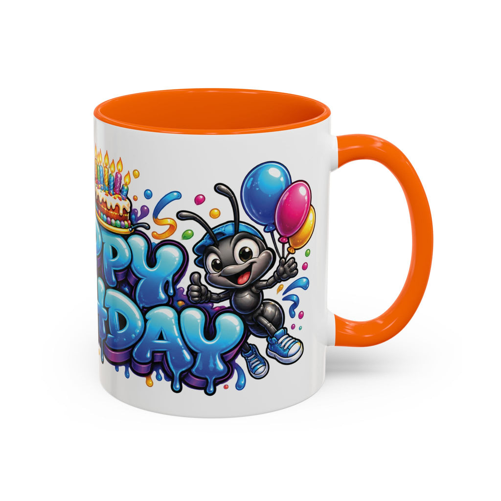 Happy Birthday Cartoon Mug – Graffiti Ants, Birthday Cake, Balloons & Confetti Coffee Cup