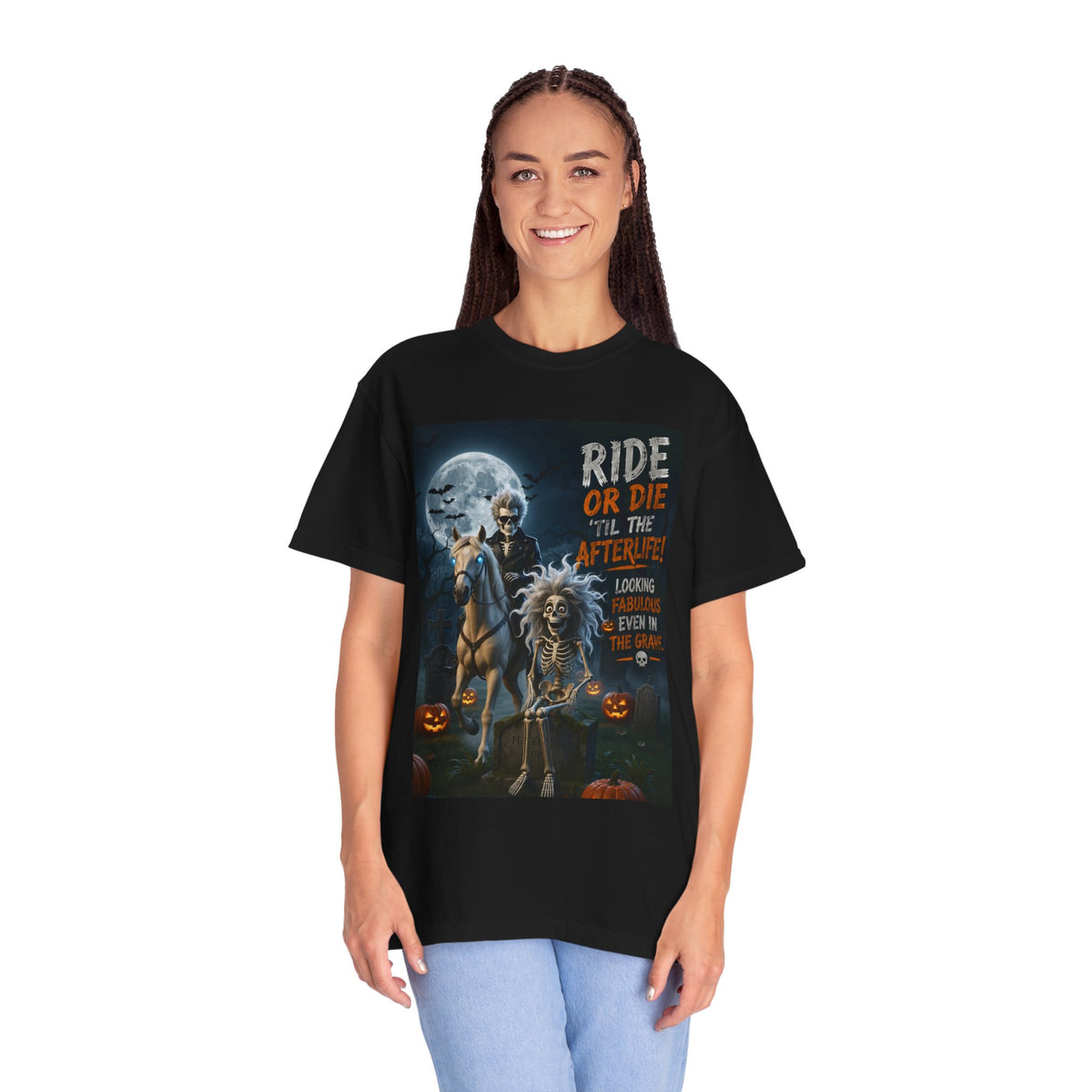 Ride or Die 'Til the Afterlife T-Shirt — Halloween Skeleton Biker Graphic Tee
