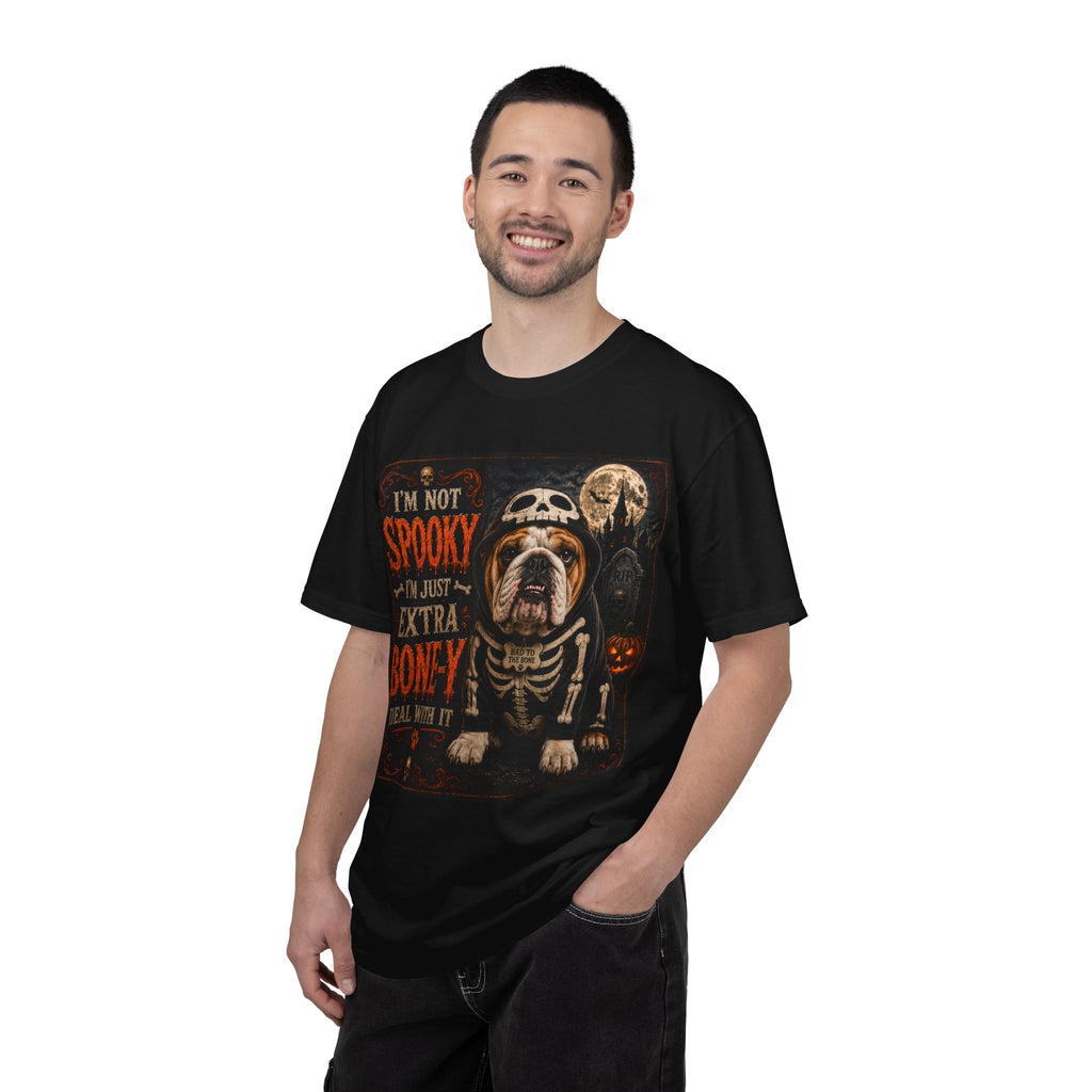 Halloween Bulldog T-Shirt – "I'm Not Spooky I'm Just Extra Boney" Skeleton Dog Tee