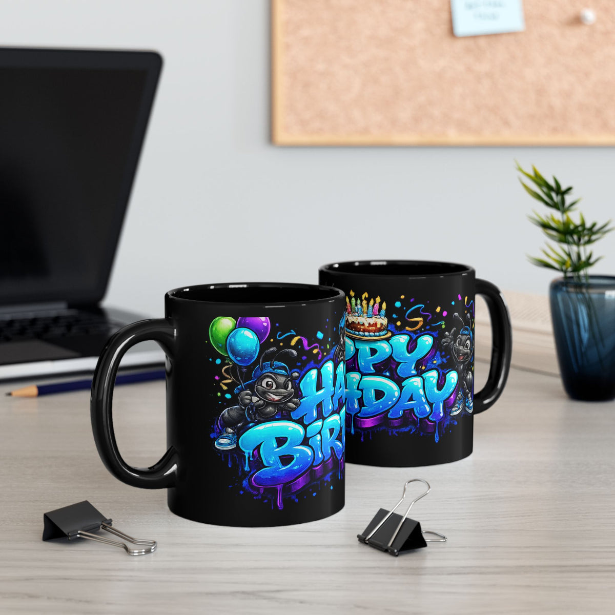 Happy Birthday Black Mug — Colorful Graffiti Cake & Cartoon Character Birthday Coffee Cup (11oz/15oz)