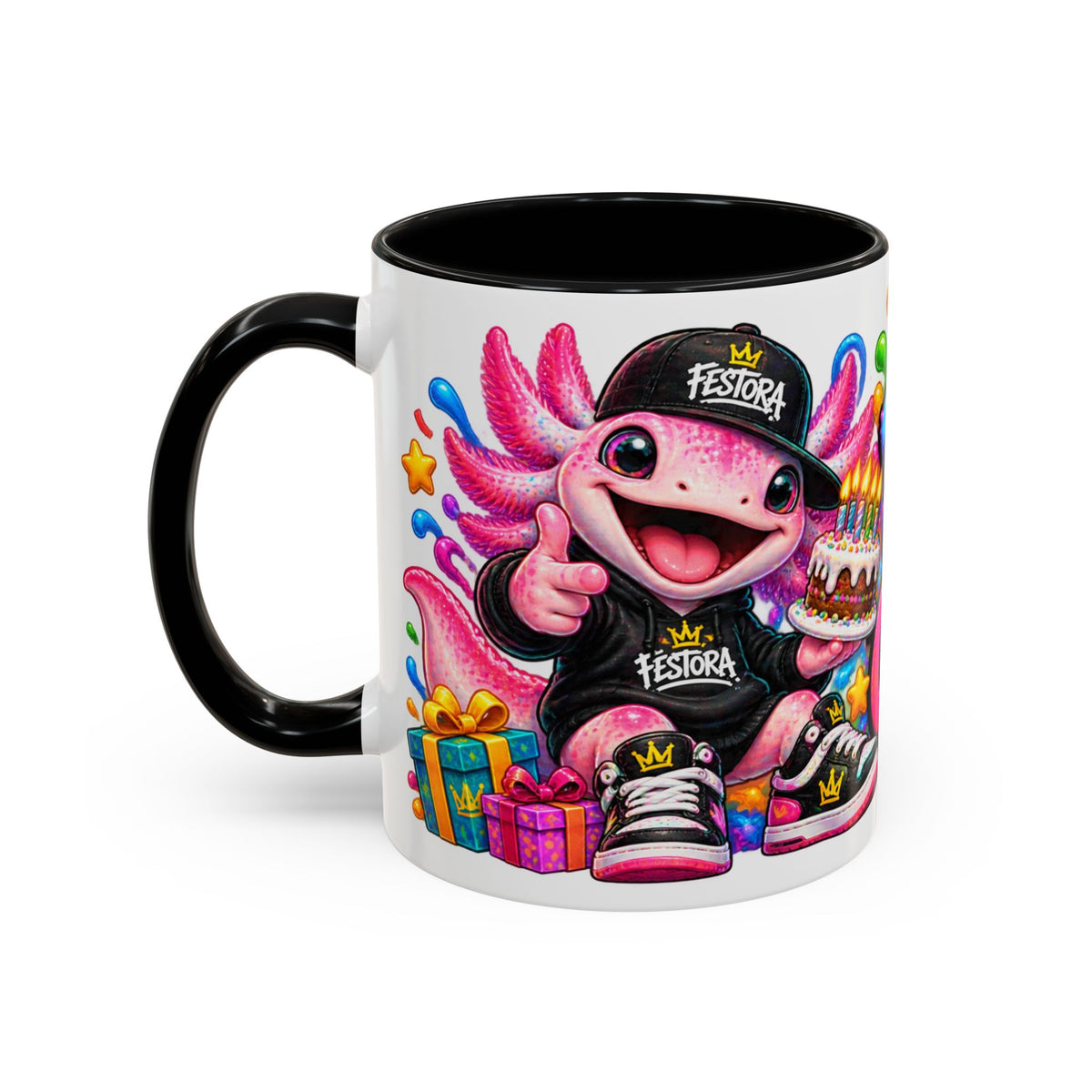 BORN TO CELEBRATE! White Ceramic Mug – Cute Axolotl Birthday Coffee Cup – Colorful Party Gift – Original FestoraShop Design