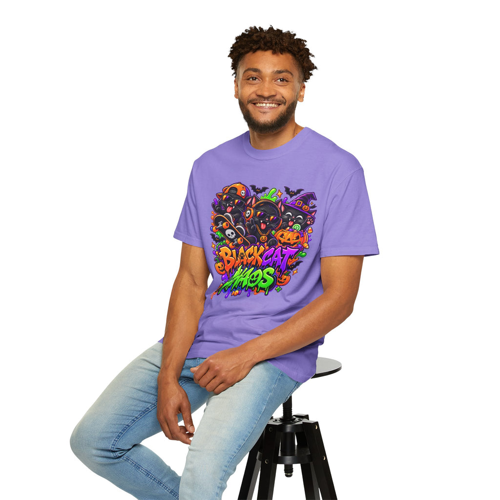 Neon Black Cat Halloween Chaos T-Shirt | Cute Spooky Cat Graphic Tee