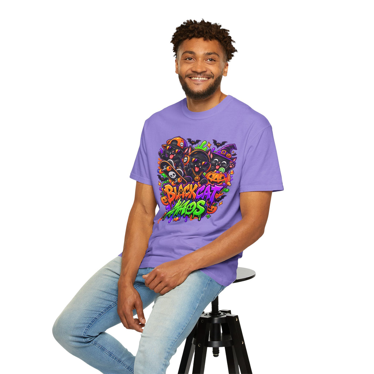 Neon Black Cat Halloween Chaos T-Shirt | Cute Spooky Cat Graphic Tee