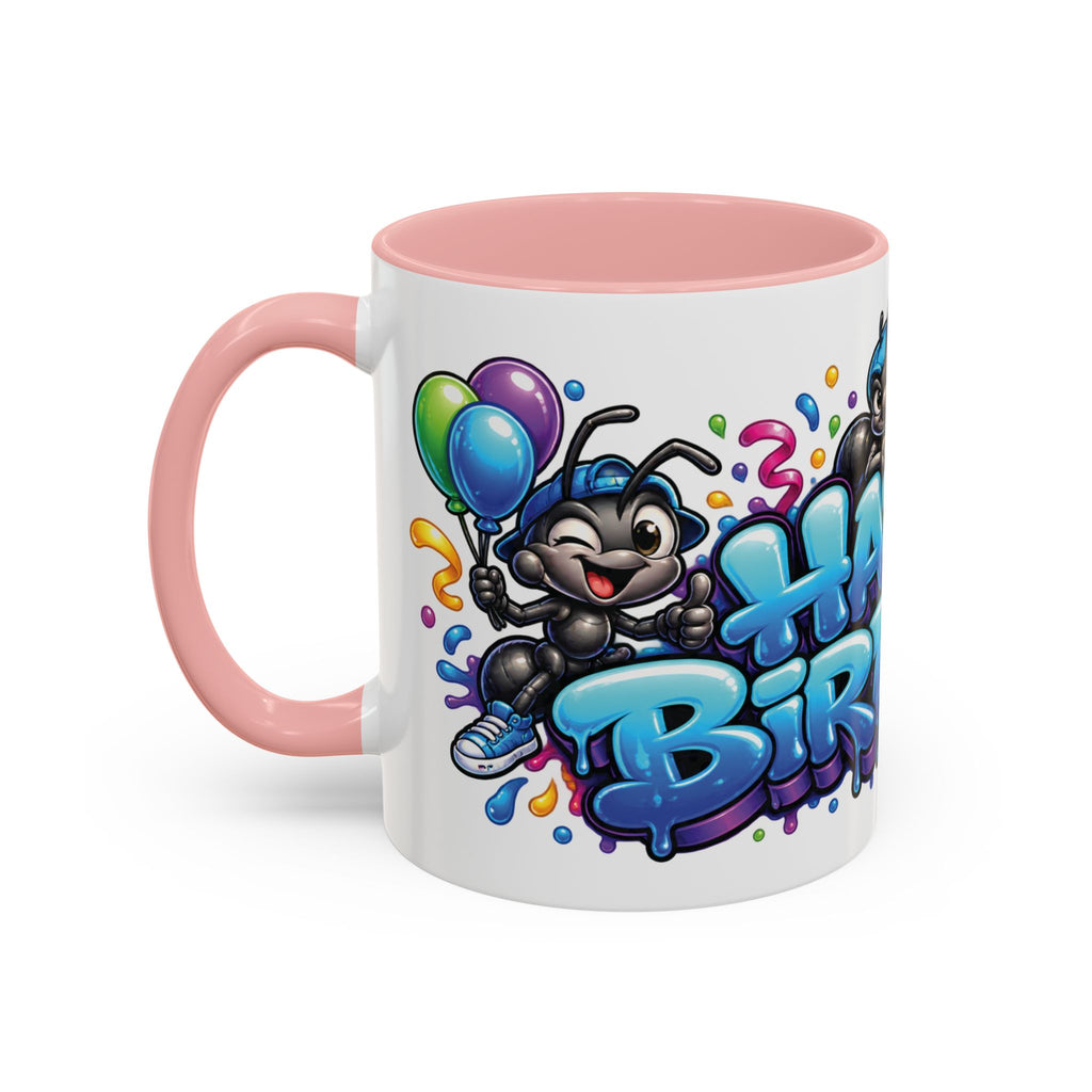 Happy Birthday Cartoon Mug – Graffiti Ants, Birthday Cake, Balloons & Confetti Coffee Cup