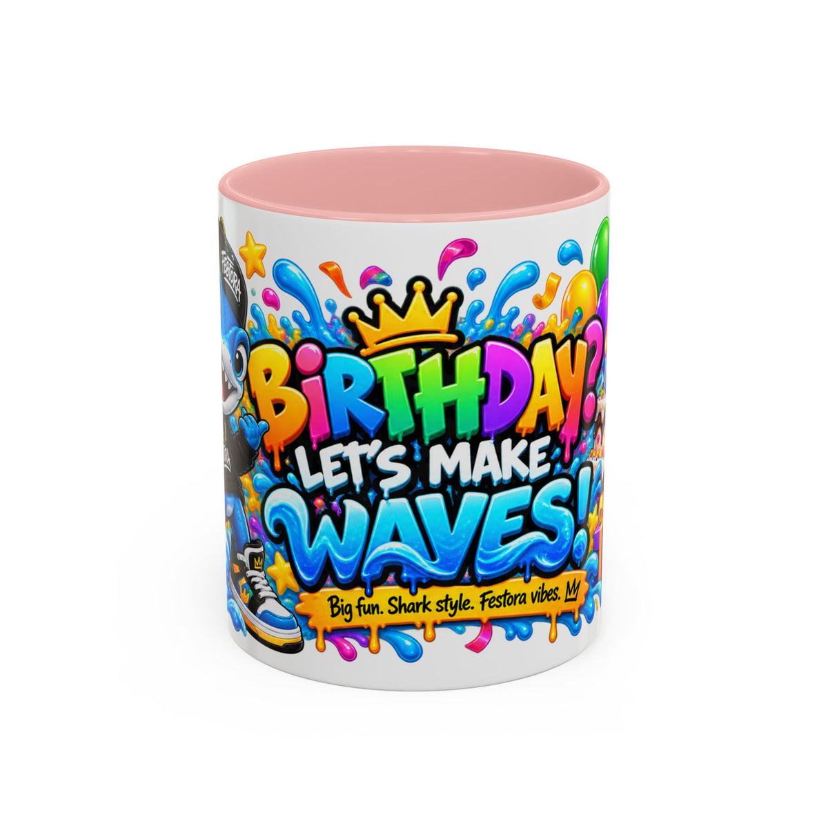BIRTHDAY? LET’S MAKE WAVES! White Ceramic Mug – Funny Shark Birthday Coffee Cup – Original FestoraShop Design