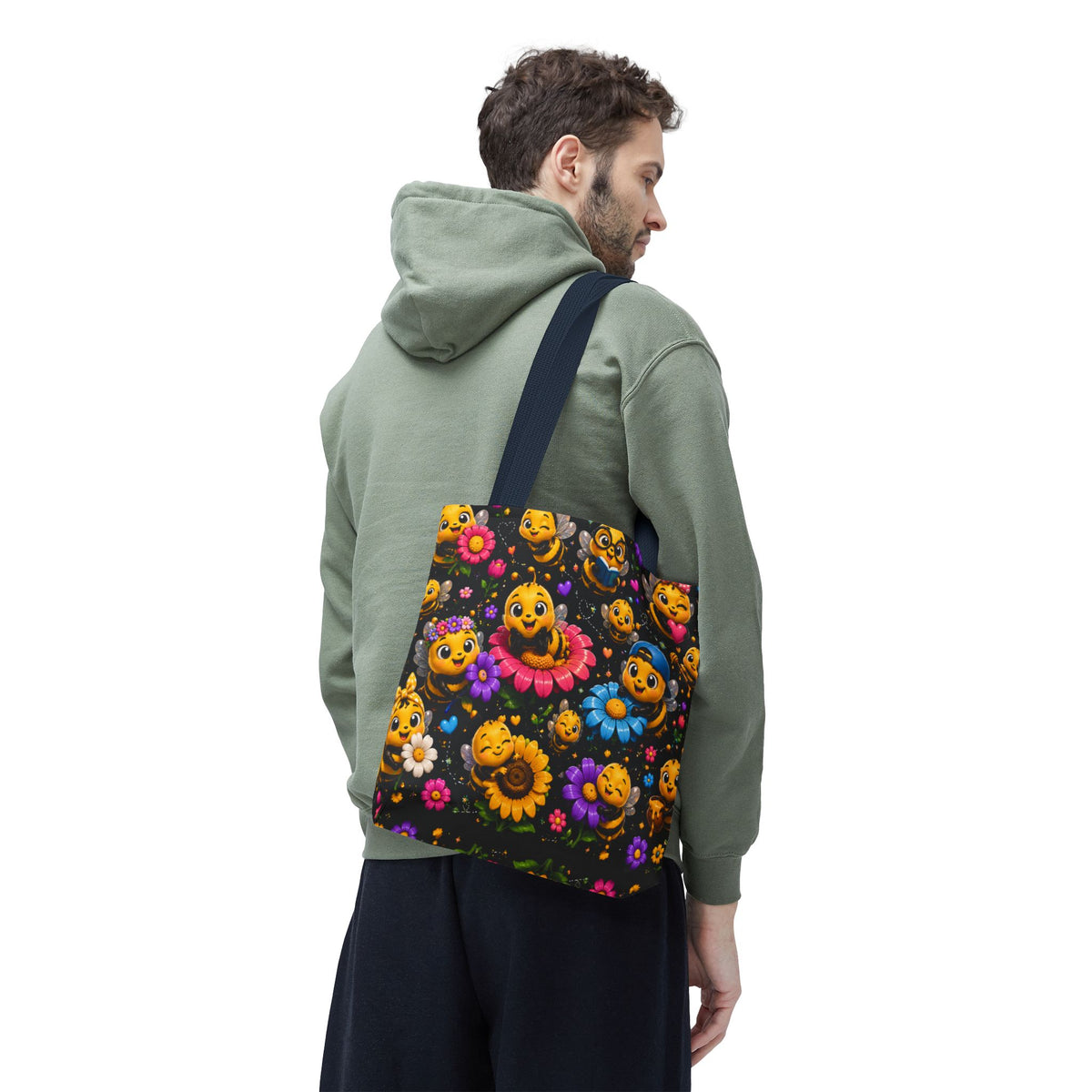 Cute Bee Pattern Tote Bag — Colorful Floral Cartoon Bees All-Over Print