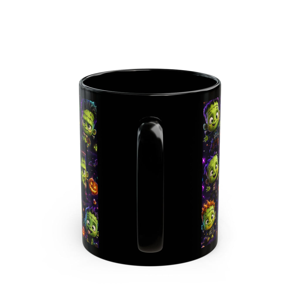 Cute Frankenstein Halloween Mug — Black Ceramic Coffee Cup with Cartoon Monsters & Pumpkins (11oz/15oz)