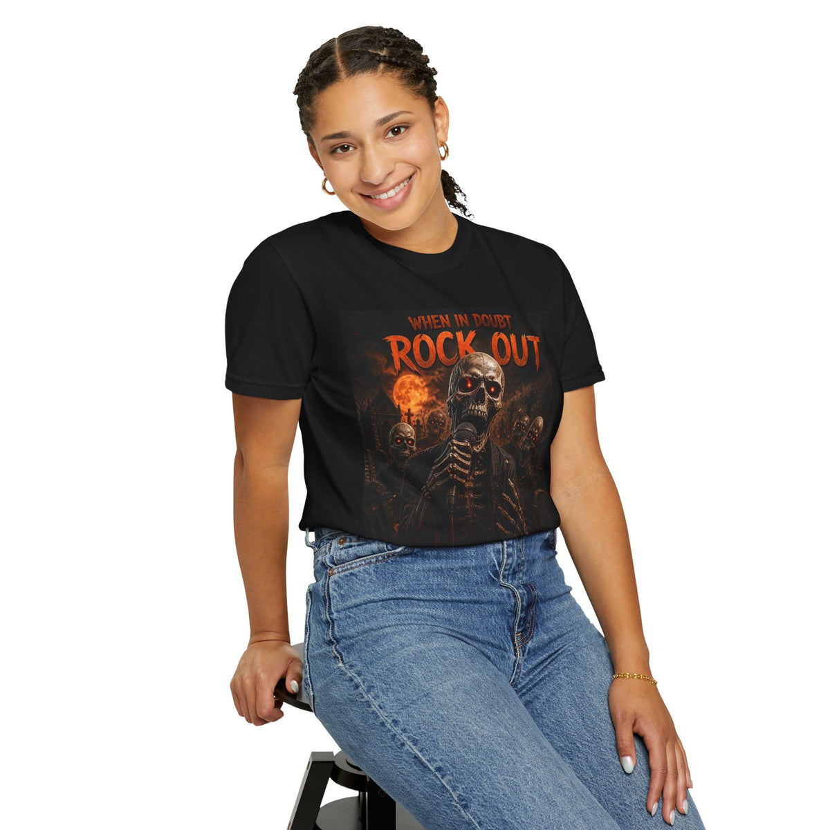 Rock Out Skeleton Halloween  Band T-Shirt — "When in Doubt Rock Out" Graphic Tee