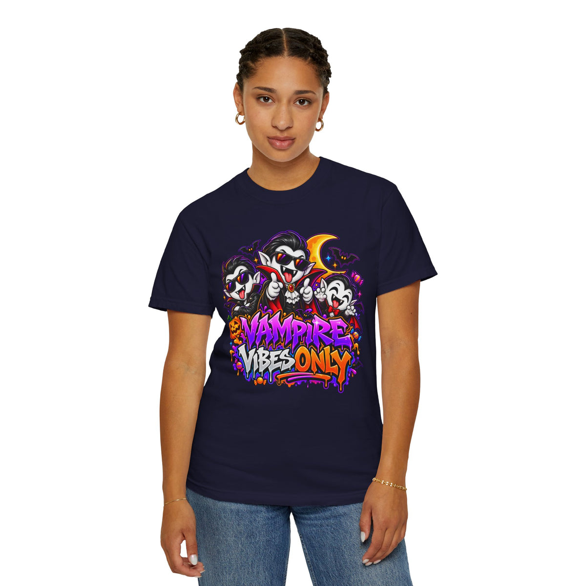 Neon Vampire Vibes Halloween Unisex Garment-Dyed T-Shirt Featuring a Cool Festora Vampire Crew
