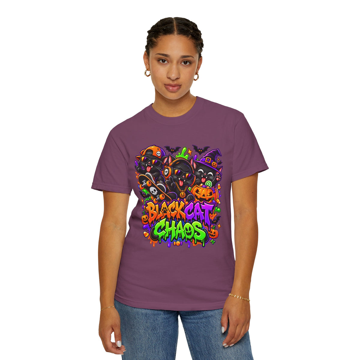 Neon Black Cat Halloween Chaos T-Shirt | Cute Spooky Cat Graphic Tee