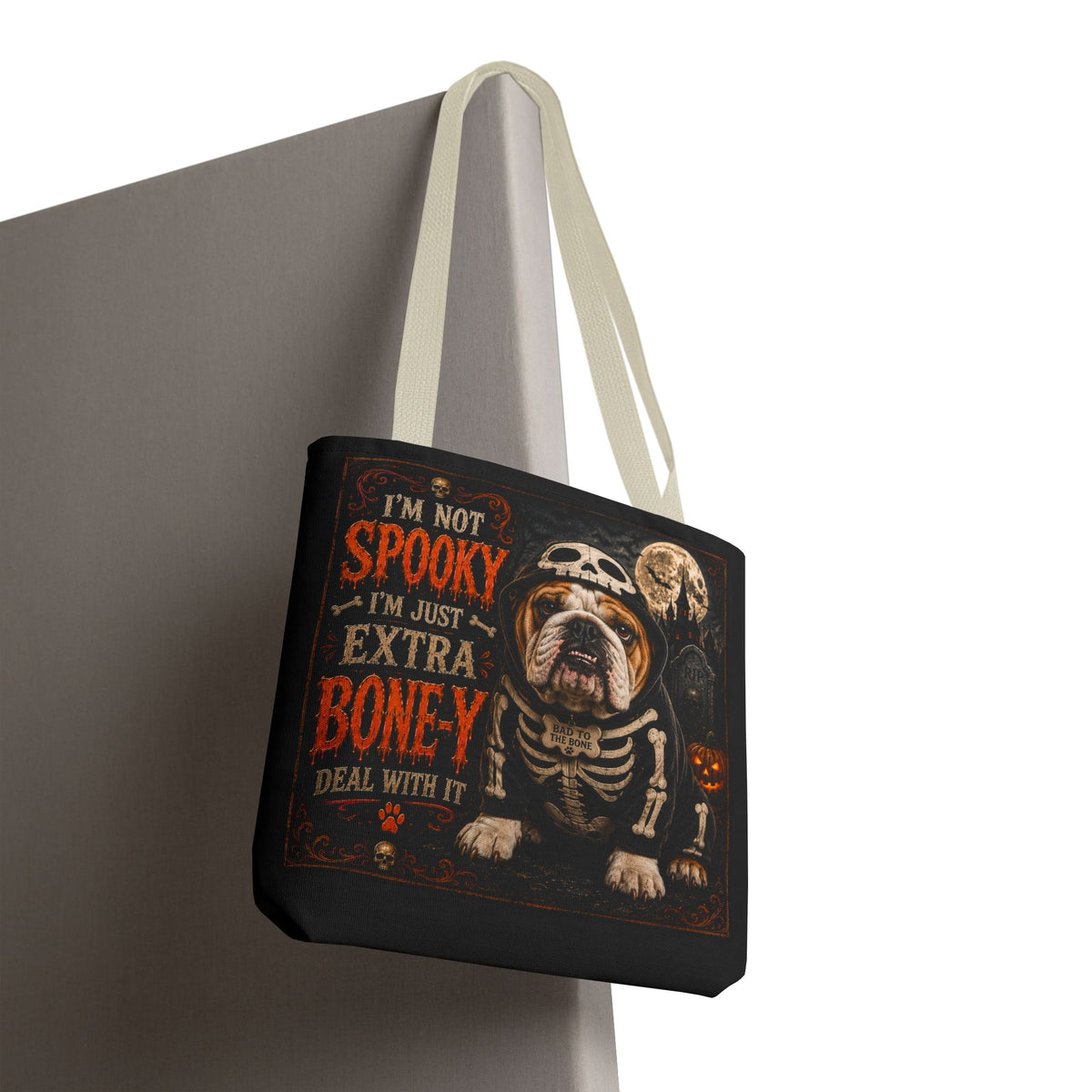 Halloween Bulldog Tote Bag – "I’m Not Spooky, I’m Just Extra Boney" All-Over Print