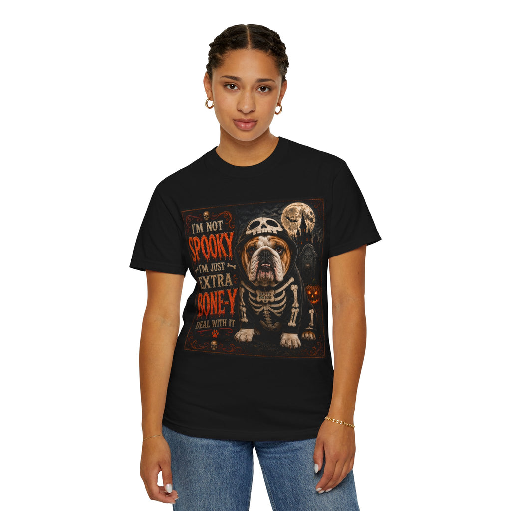 Halloween Bulldog T-Shirt – "I'm Not Spooky I'm Just Extra Boney" Skeleton Dog Tee