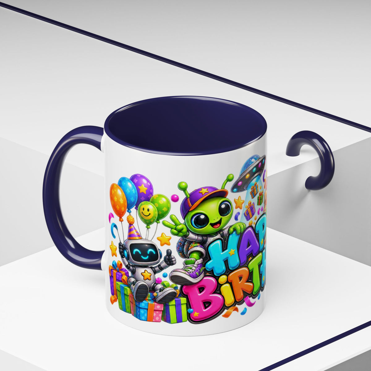 Happy Birthday Space Party Mug – Cute Aliens, Robots, UFO & Colorful 3D Birthday Design