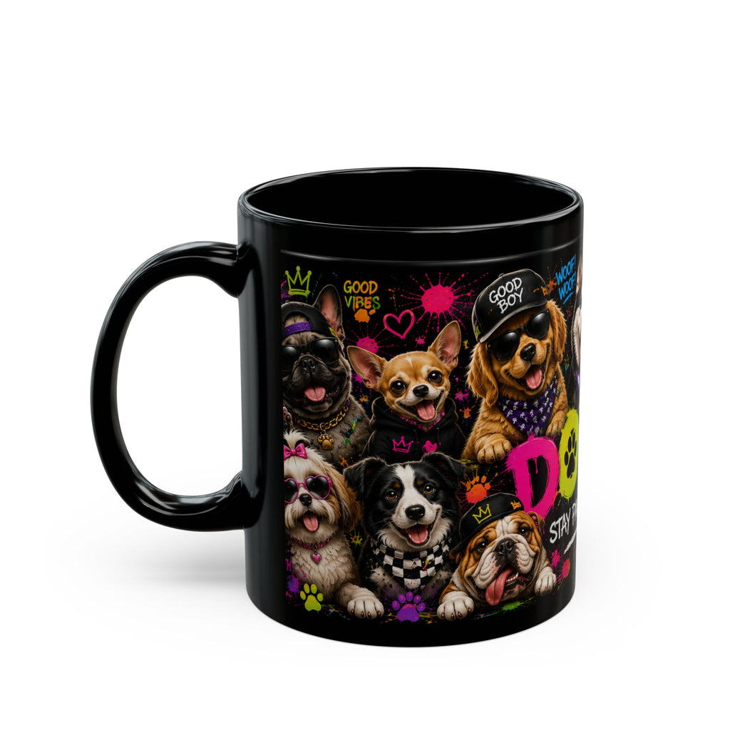 Dogs Stay Pawsitive Black Mug — Colorful Cute Dog Breeds Coffee Cup (11oz/15oz)