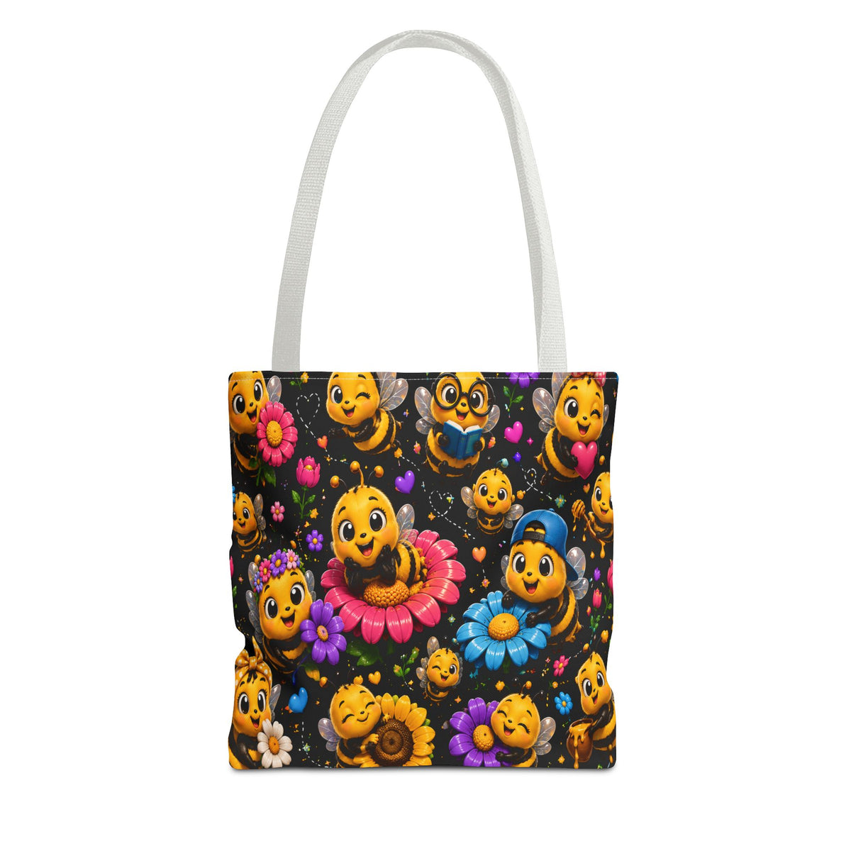 Cute Bee Pattern Tote Bag — Colorful Floral Cartoon Bees All-Over Print