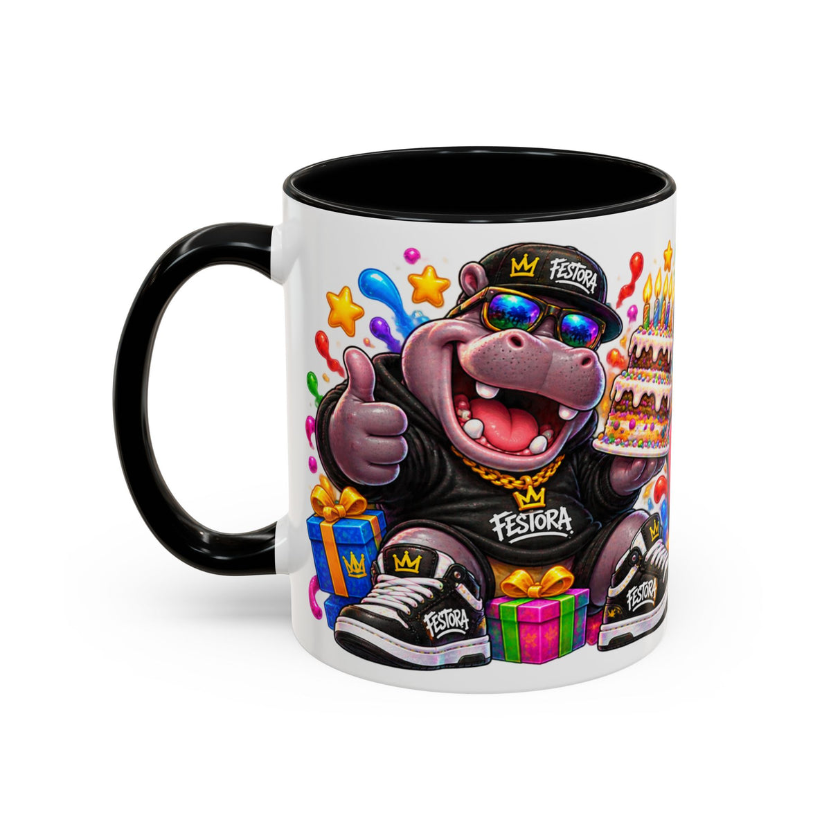 BIG BIRTHDAY ENERGY! White Ceramic Mug – Funny Hippo Birthday Coffee Cup – Colorful Party Gift – Original FestoraShop Design