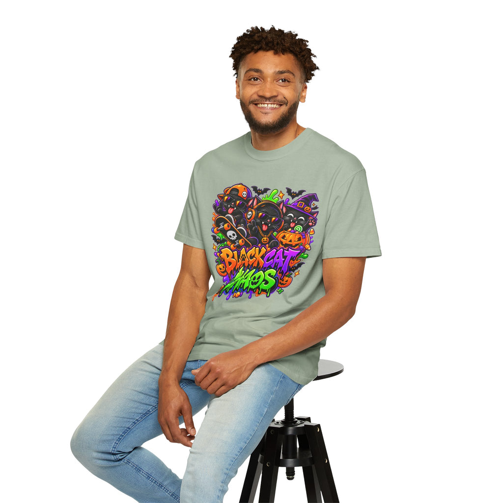 Neon Black Cat Halloween Chaos T-Shirt | Cute Spooky Cat Graphic Tee