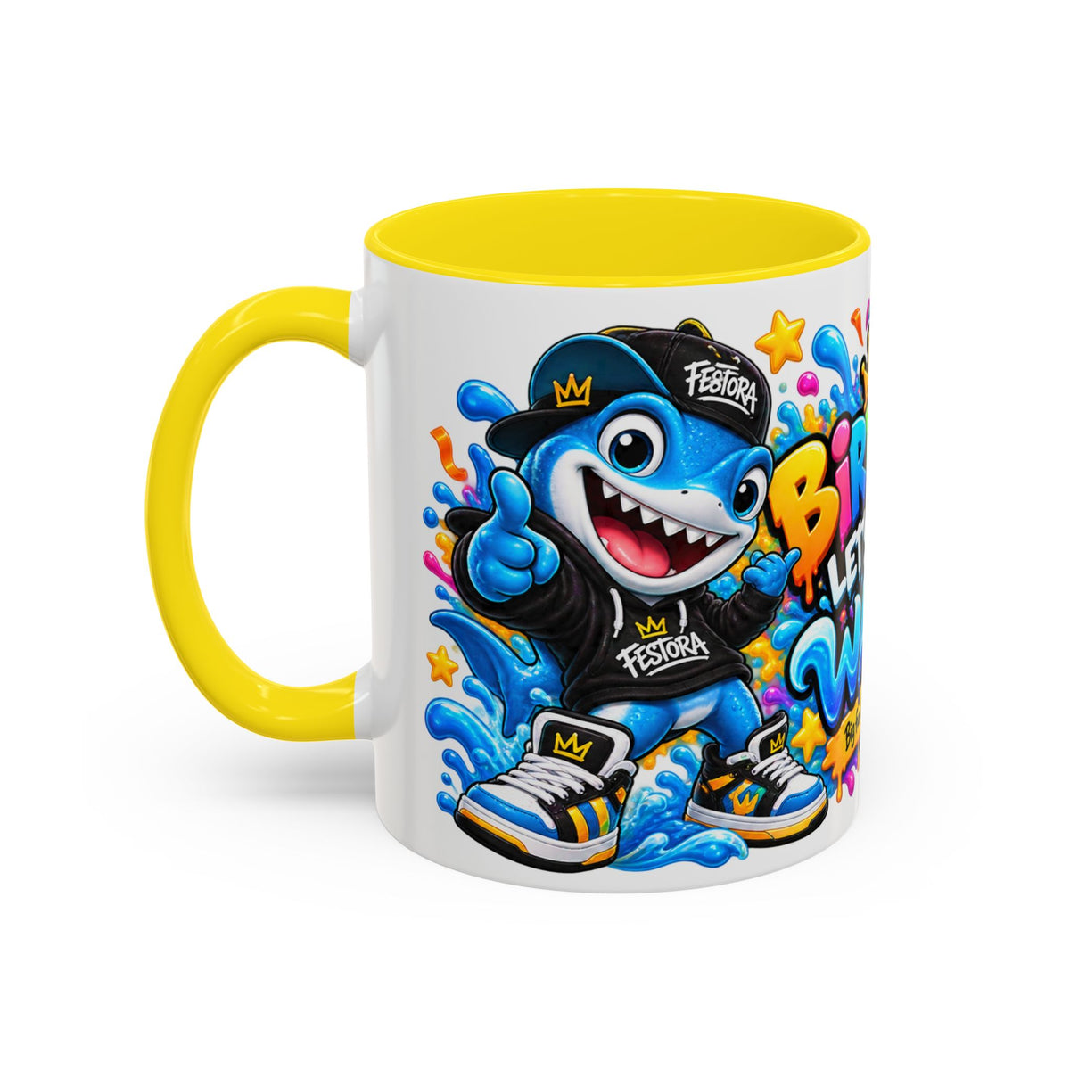 BIRTHDAY? LET’S MAKE WAVES! White Ceramic Mug – Funny Shark Birthday Coffee Cup – Original FestoraShop Design