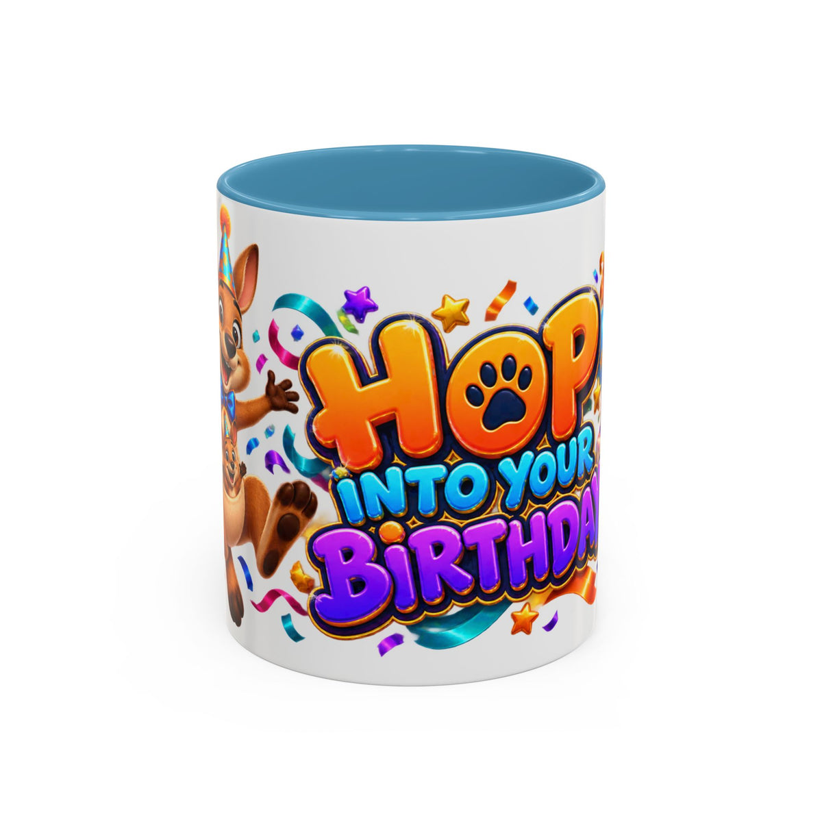 Hop Into Your Birthday White Mug – Cute Kangaroo Birthday Cup, Colorful Fun Party Gift