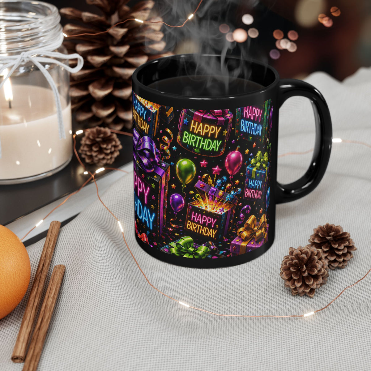 Happy Birthday Gift & Balloons Black Mug — Colorful Celebration Coffee Cup