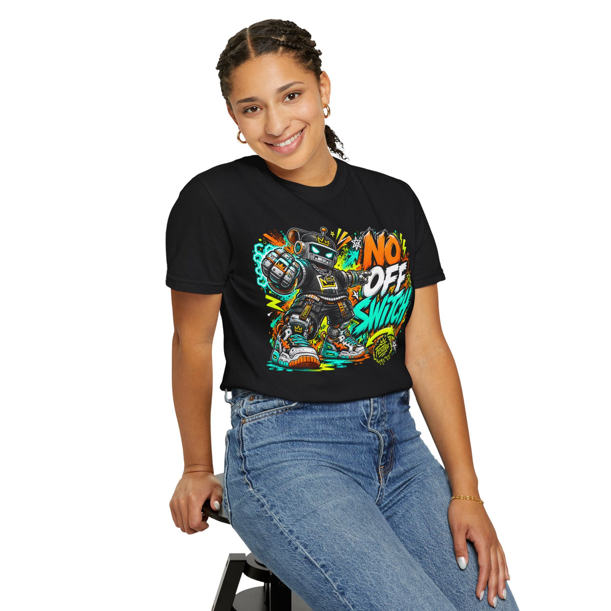 No Off Switch Robot Graphic T-Shirt — Bold Retro Streetwear Design