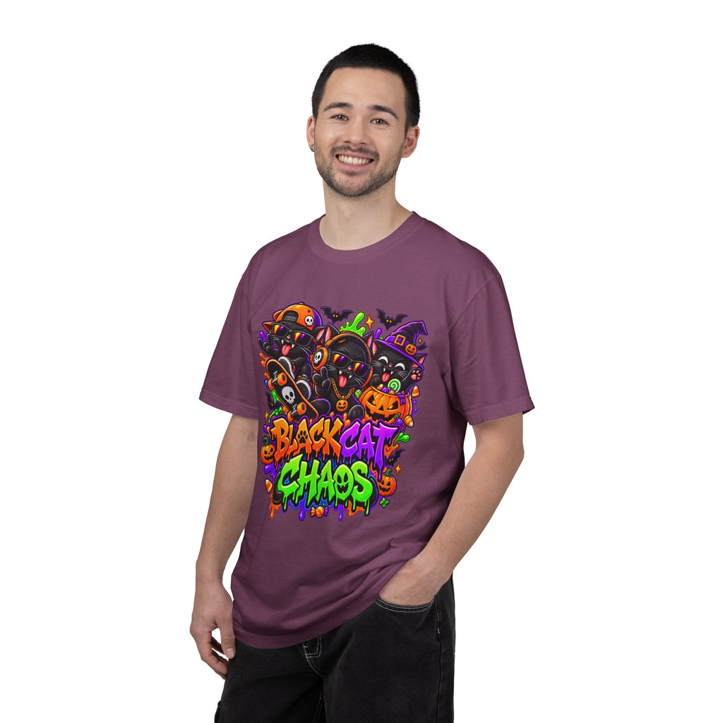 Neon Black Cat Halloween Chaos T-Shirt | Cute Spooky Cat Graphic Tee