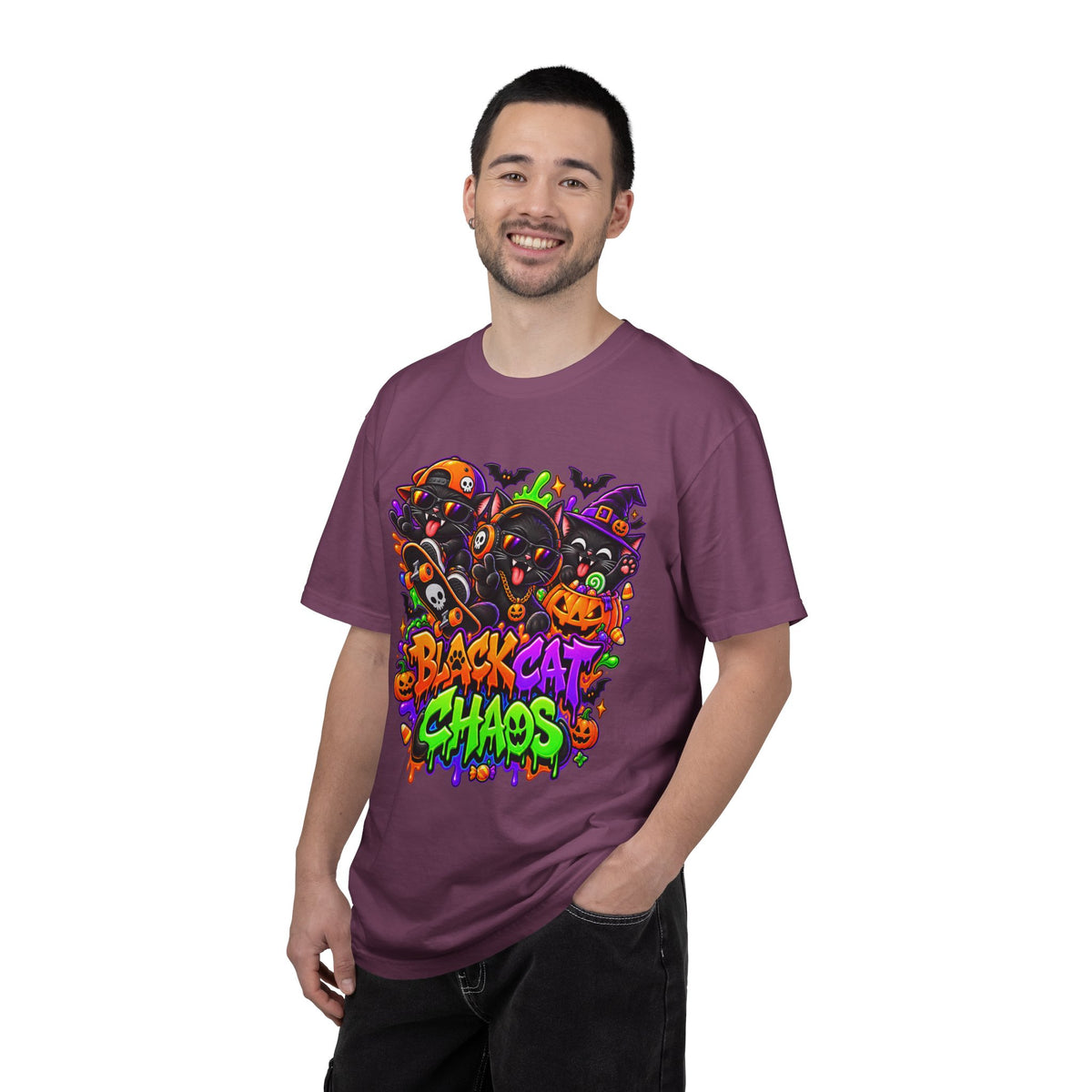 Neon Black Cat Halloween Chaos T-Shirt | Cute Spooky Cat Graphic Tee