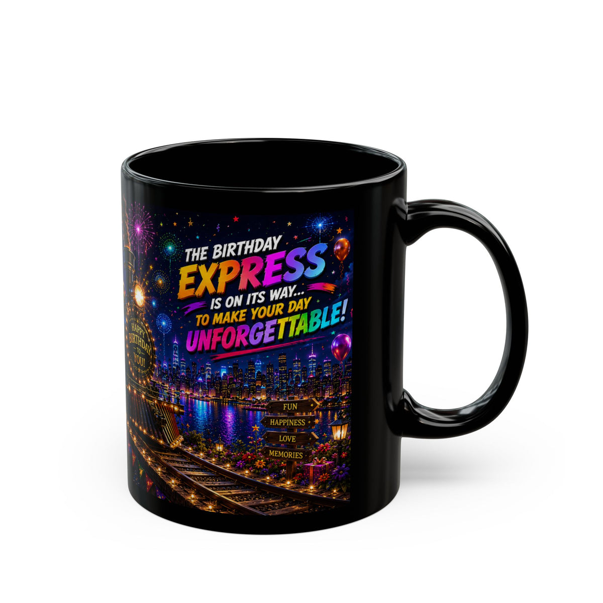 Birthday Express Black Mug – Colorful Train Party Coffee Cup (11oz)