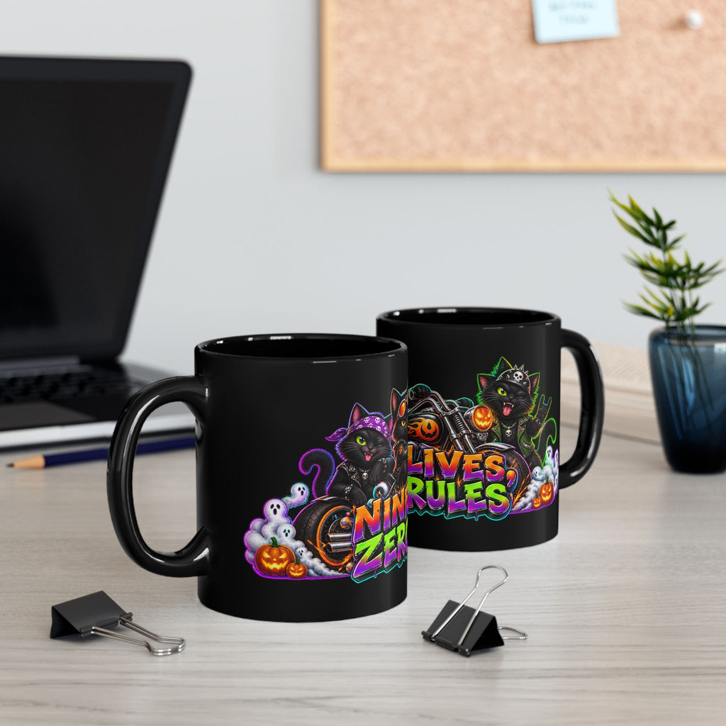 Nine Lives Zero Rules Biker Cats Halloween Black Mug