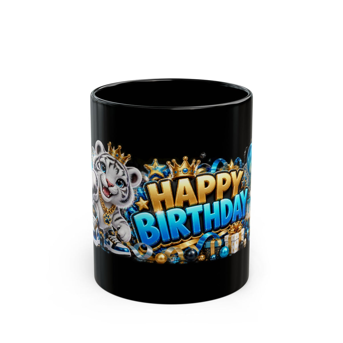 Happy Birthday White Tiger Mug – Bold 3D Birthday Design – Black Coffee Mug