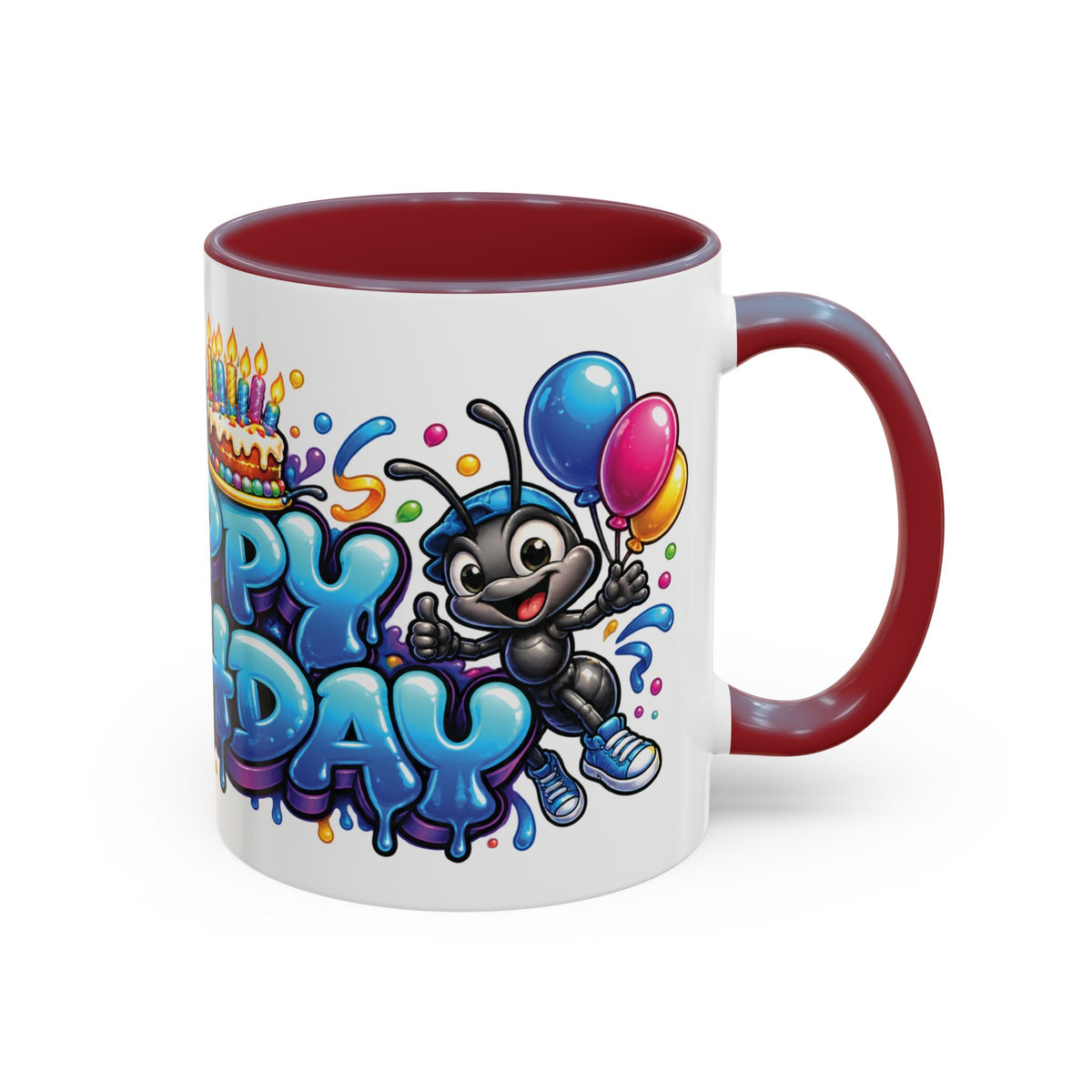 Happy Birthday Cartoon Mug – Graffiti Ants, Birthday Cake, Balloons & Confetti Coffee Cup
