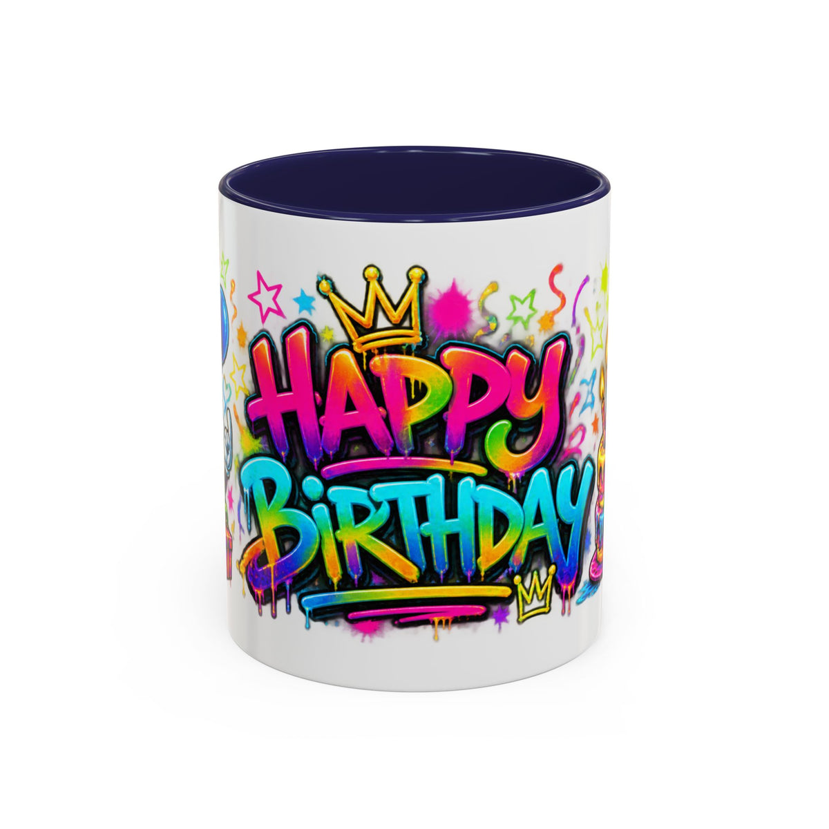 Happy Birthday Accent Coffee Mug – Colorful Graffiti Cake & Balloons (11/15oz)