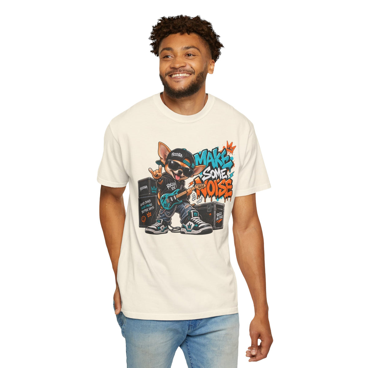 Make Some Noise Rocco Graphic T-Shirt — Streetwear Rock Dog Tee